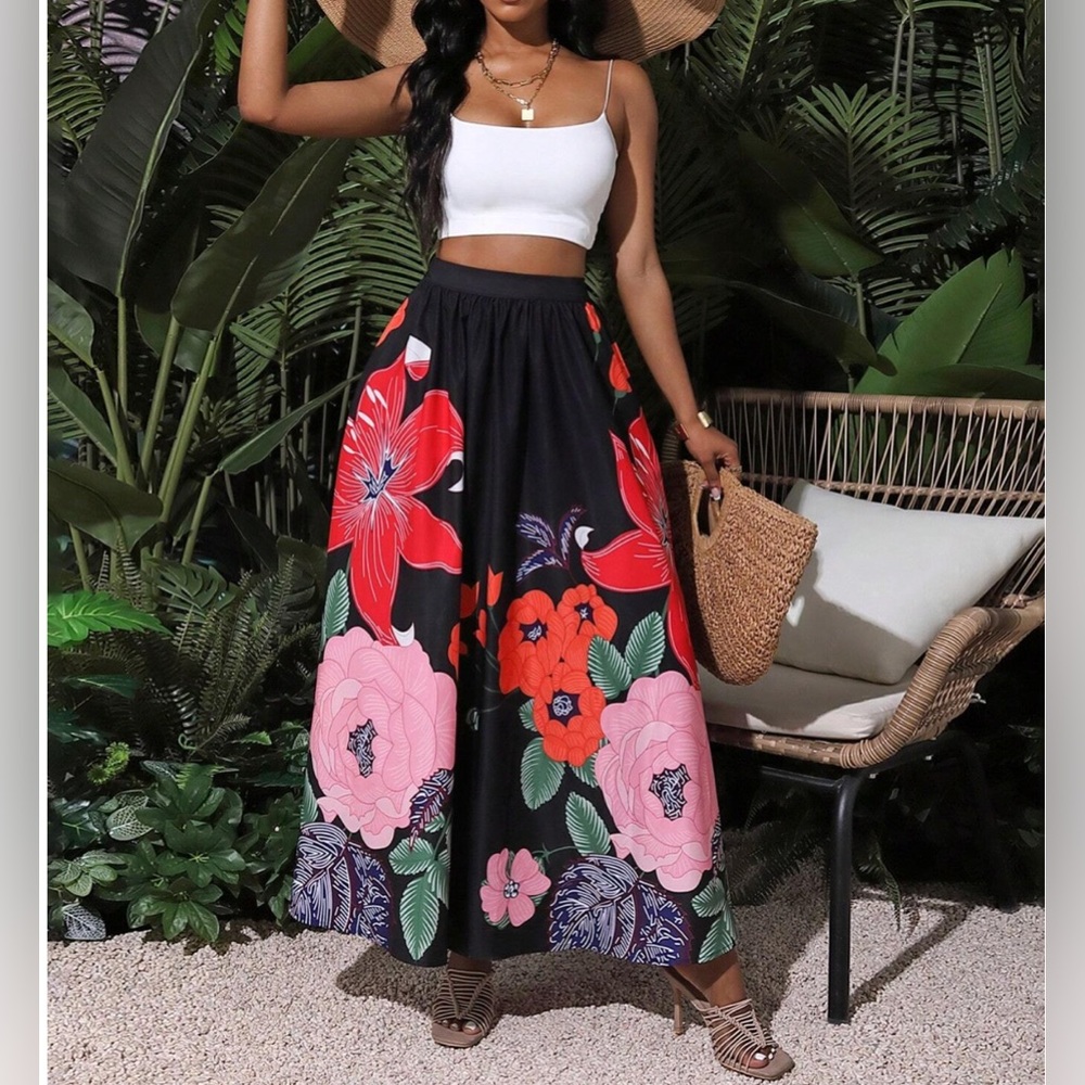 Boho Floral Print Women's Skirt Black - Picture 5 of 11